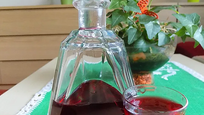 Sklenička s červenou tekutinou před zelenými listy.