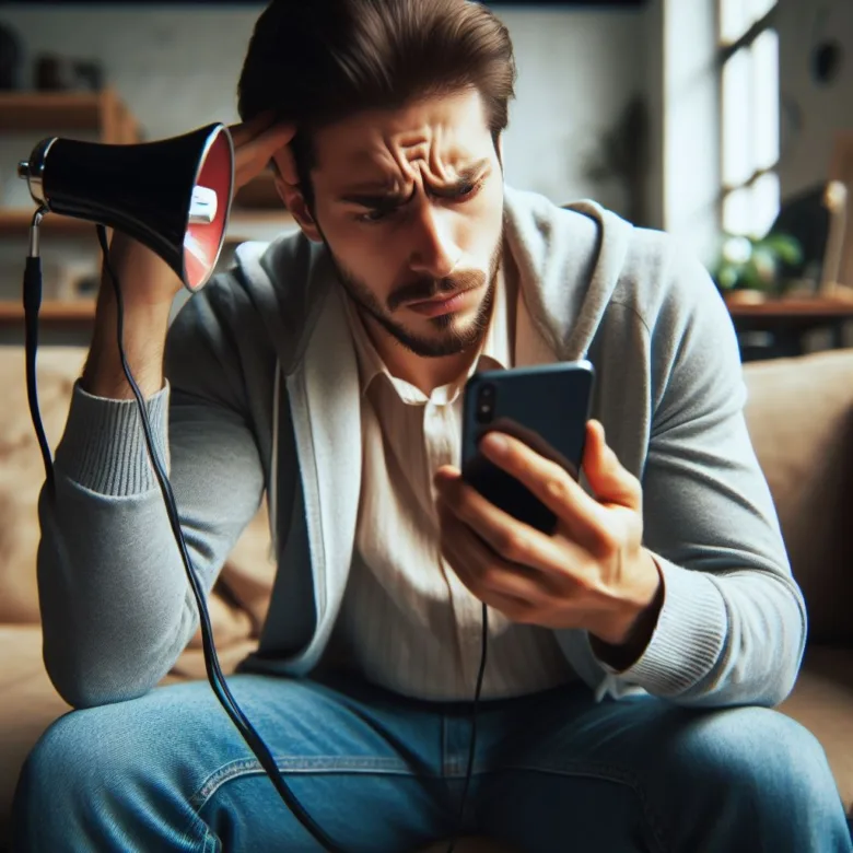 Muž s telefonem a zvukovou zbrodí v ruce sedí na gauči.