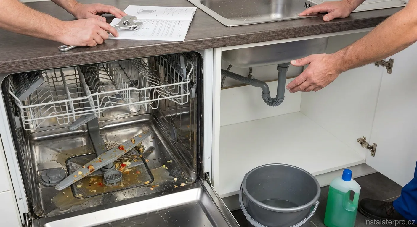 Technik opravuje myčku nádobí pod dřezem s odkapávacím hadicovým systémem.