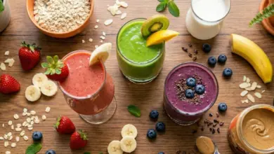 Tři barevná banánová smoothie s ovocem a surovinami na dřevěném stole.