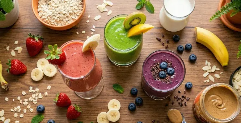 Tři barevná banánová smoothie s ovocem a surovinami na dřevěném stole.