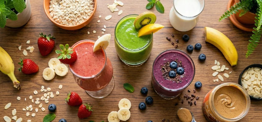 Tři barevná banánová smoothie s ovocem a surovinami na dřevěném stole.
