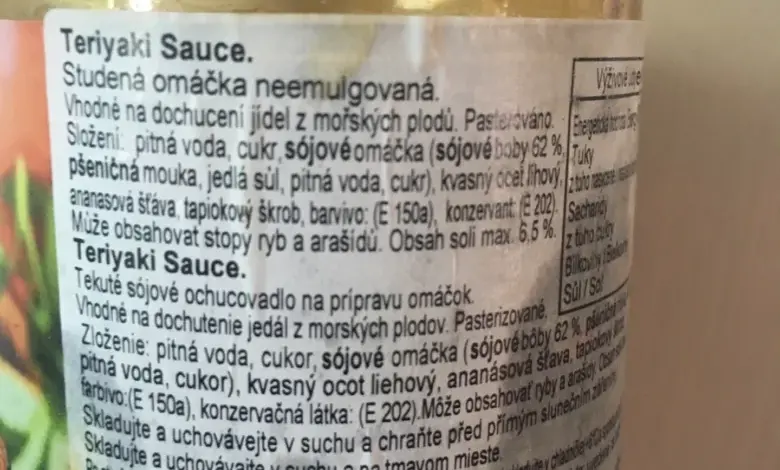 Etiketa s terijak omáčkou v lahvi se složením.
