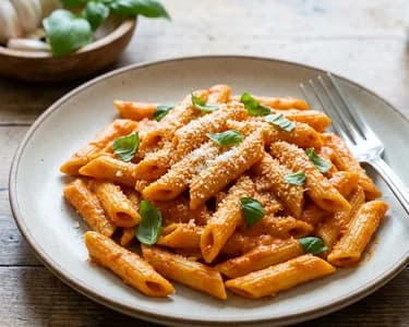 Pasta s bazalkou, parmazánem na talíři vedle vidličky.