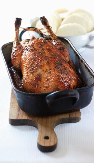 Roasted duck in pan