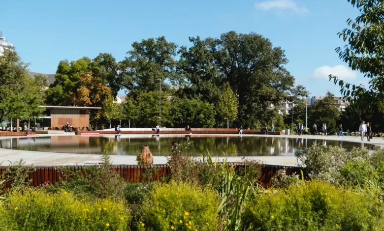 Sluneční městský park s vodní plochou, stromy a lidmi.