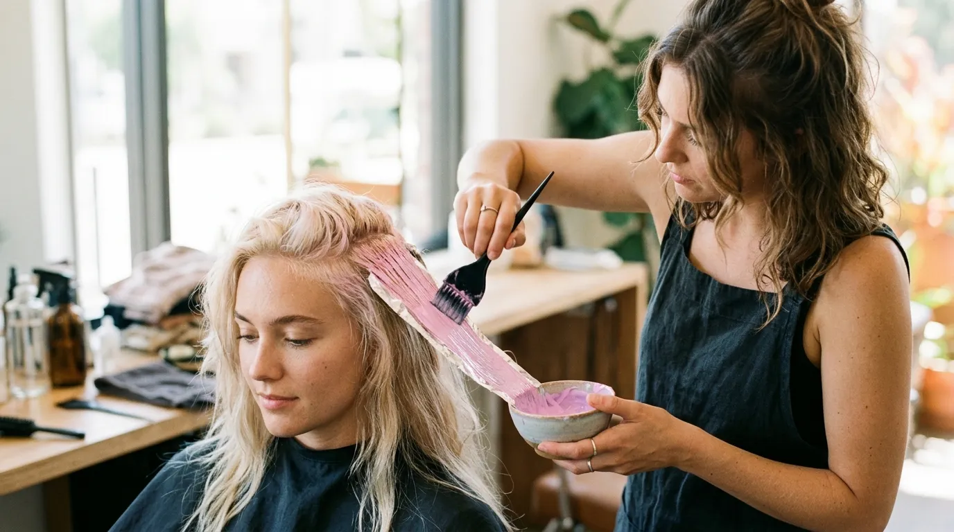 Stylista nanáší fialovou barvu na blond vlasy klientky v kadeřnictví.