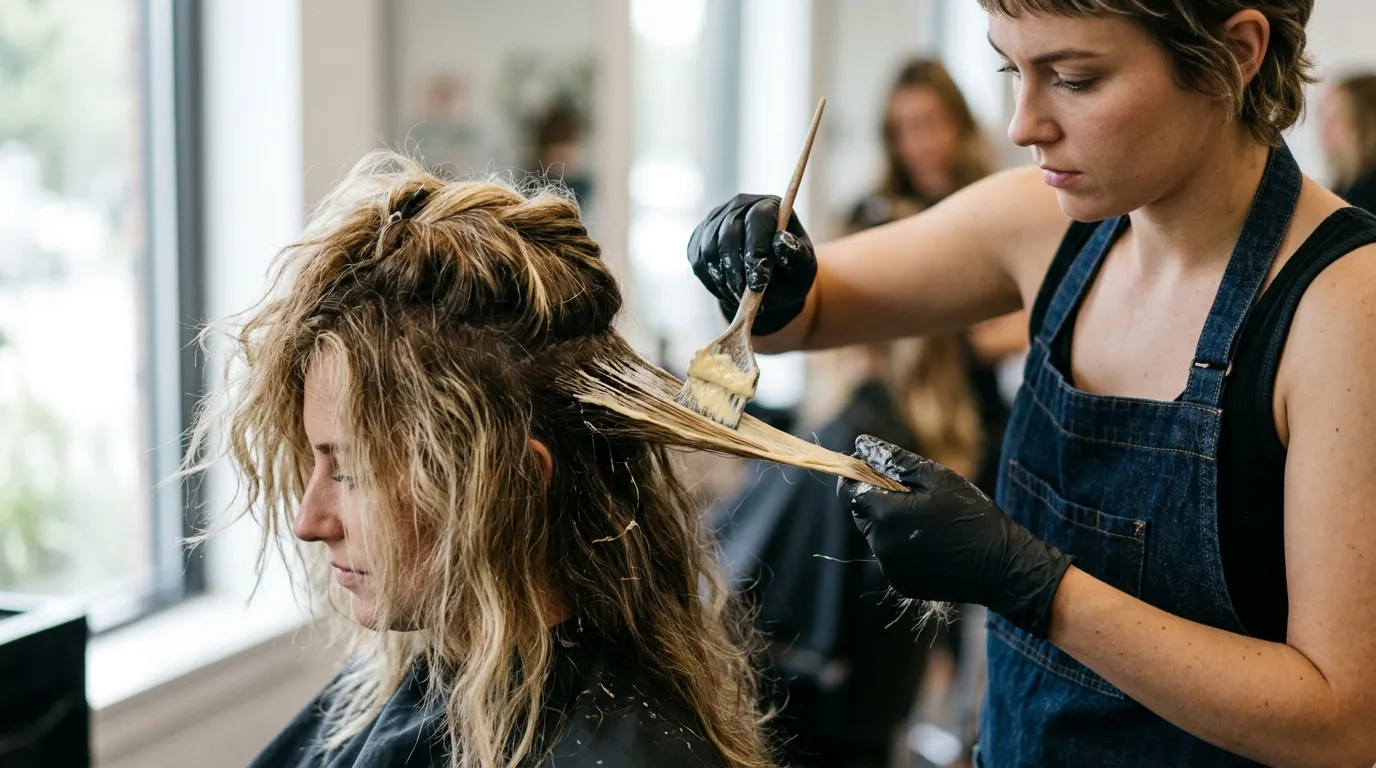Stylista aplikuje barvu na vlasy klientky v kadeřnictví.