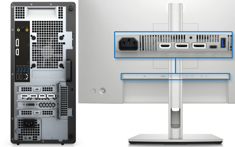 Zadní panel počítače s porty pro připojení k monitoru.