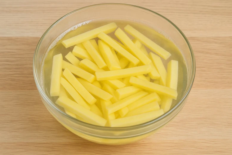 Surové bramborové hranolky namočené ve vodě v skleněné misce.