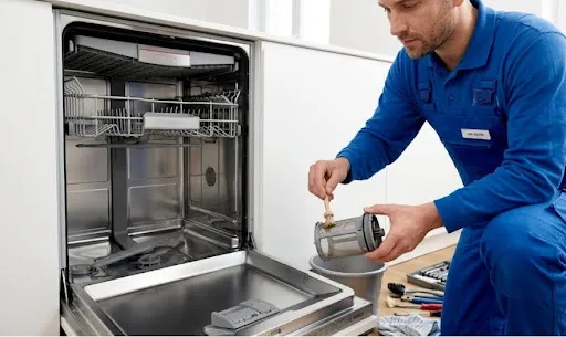 Technik čistí filtr myčky Bosch jako součást údržby a řešení problémů.