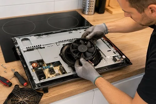 Technik opravuje rozbitou indukční varnou desku.