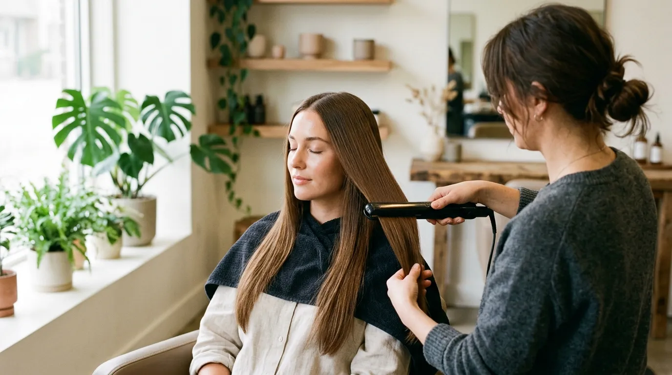 Stylista žehří vlasy plochou žehlící deskou v kadeřnictví.