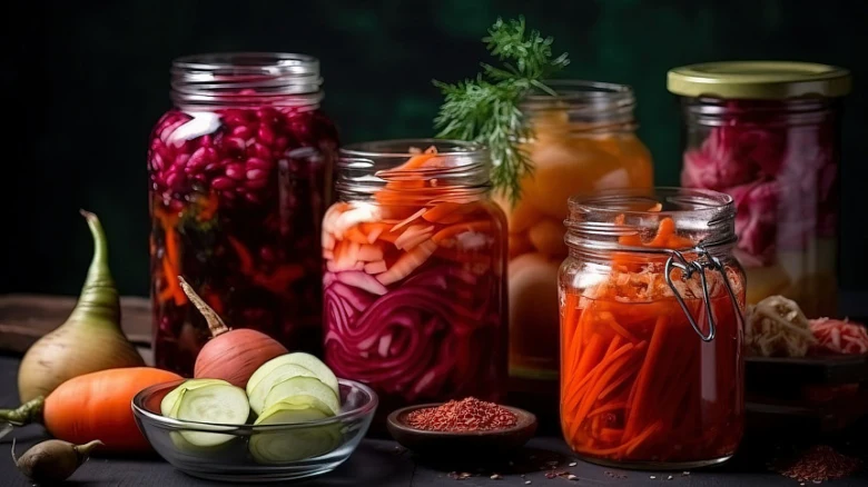 Sklenice s fermentovanými zeleninovými okurkami na tmavém pozadí.