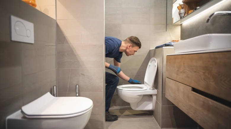 Muž odstraňuje víko z bílého sedátka v koupelně.