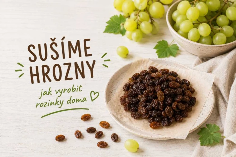 Sušené hrozny na talíři s čerstvými zelenými vinnými révami.