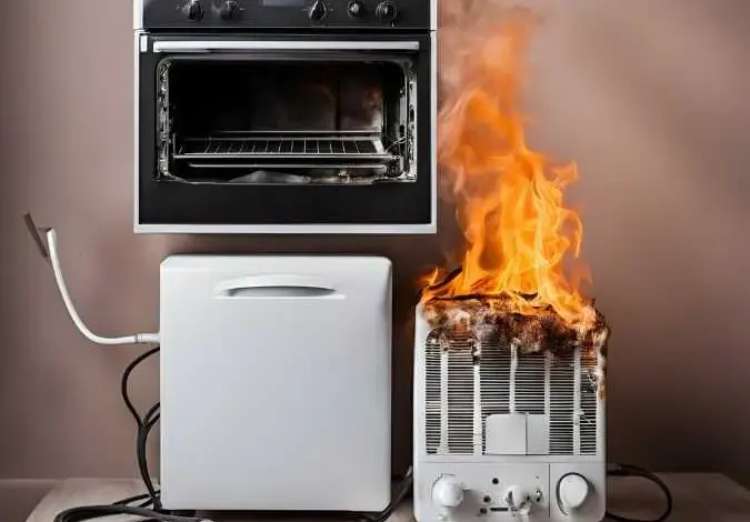 Hořící toastovač vedle otevřeného trouby v kuchyni.
