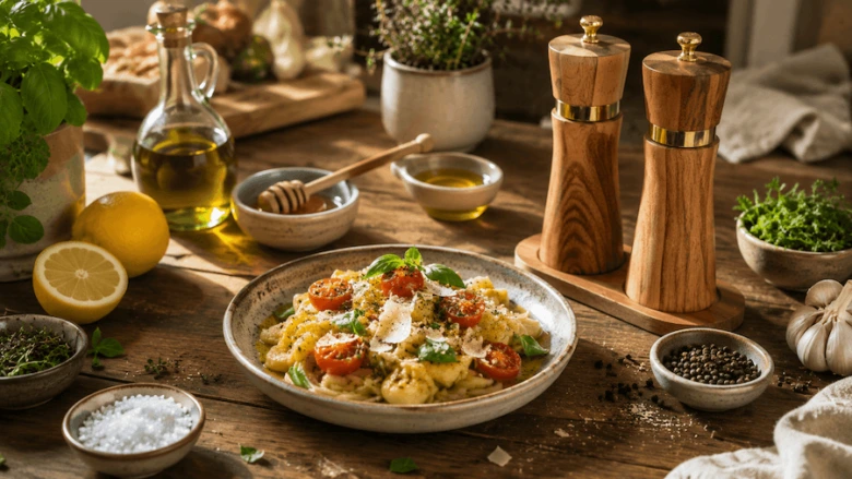 Pasta s rajčaty, bazalkou a dalšími suroviny na dřevěném stole.