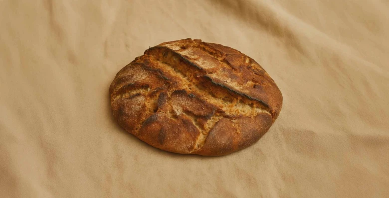 Zpečený chlebový koláč s viditelnými řezy na povrchu.