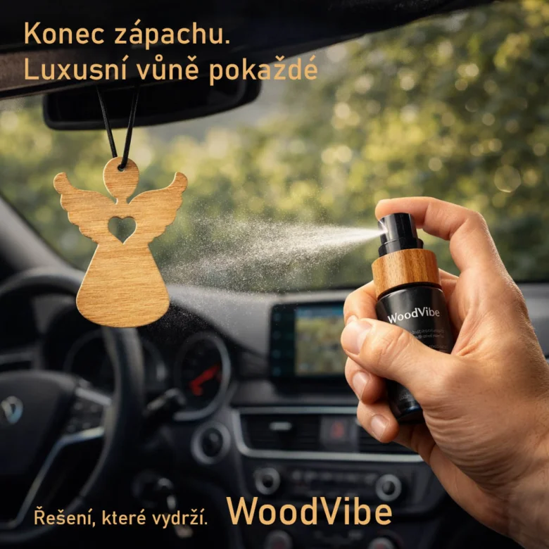 Ruka stříká vůni do auta s dřevěným závěsem na zrcátku.