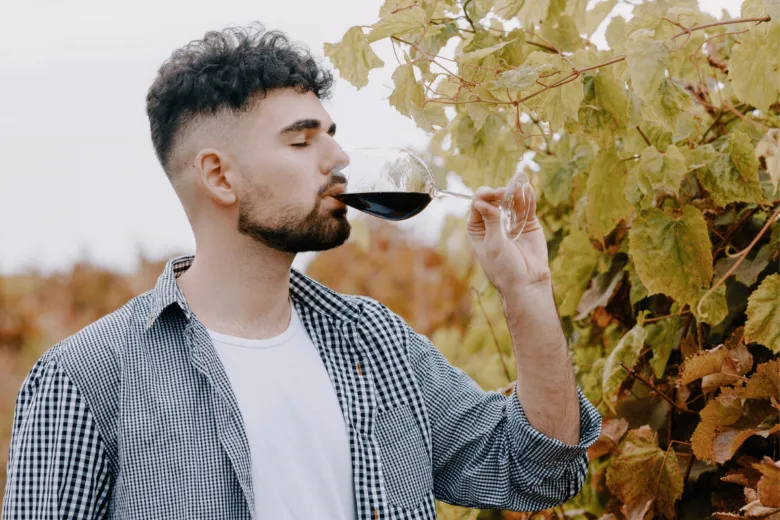 Muž ochutnává červené víno mezi vinnými lodyhami.