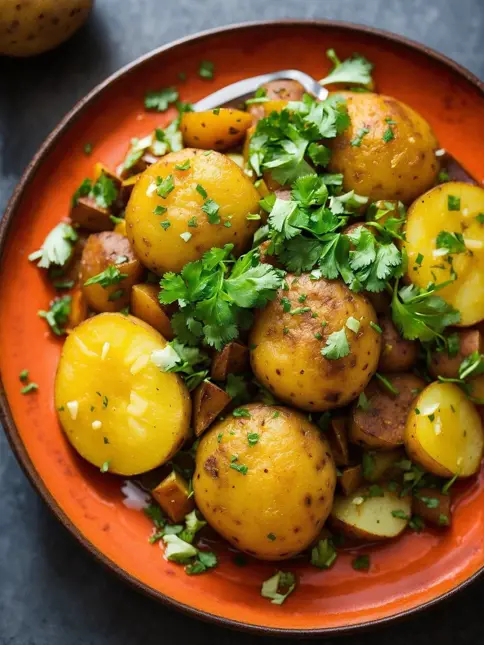 Boiled potatoes with herbs and sausage