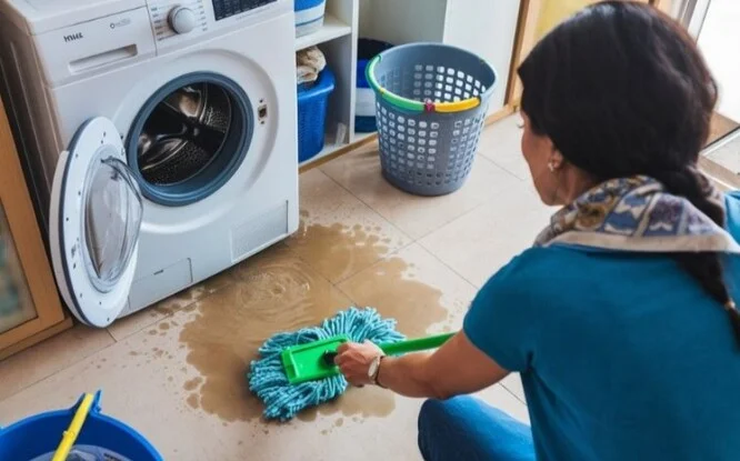 Žena čistí podlahu v pračce po výlevu vody.