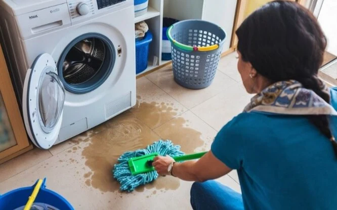 Žena čistí podlahu pračny po úniku vody z pračky.