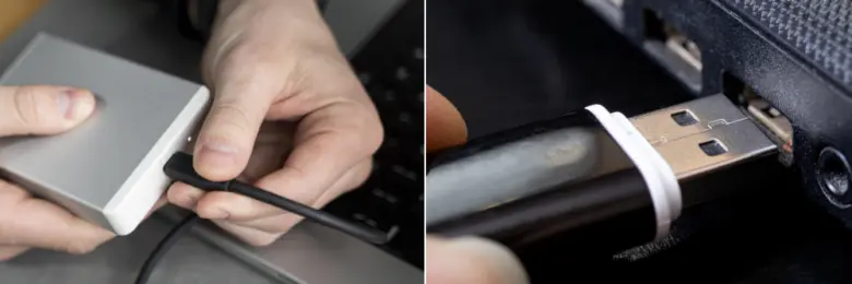Ruka připojuje černý USB disk k počítači pro přenos dat.