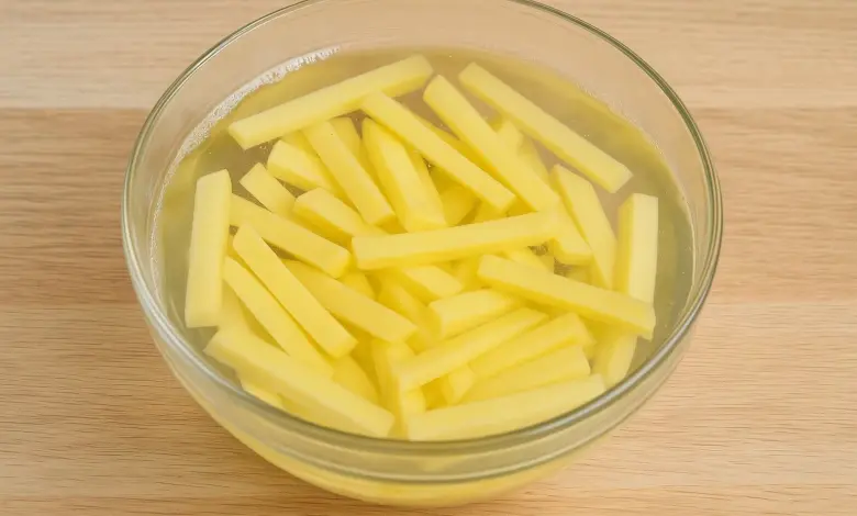 Surové hranolky namočené ve vodě v skleněné misce.
