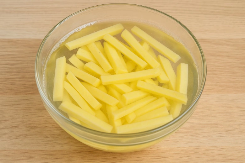 Surové hranolky namočené ve vodě v skleněné misce.