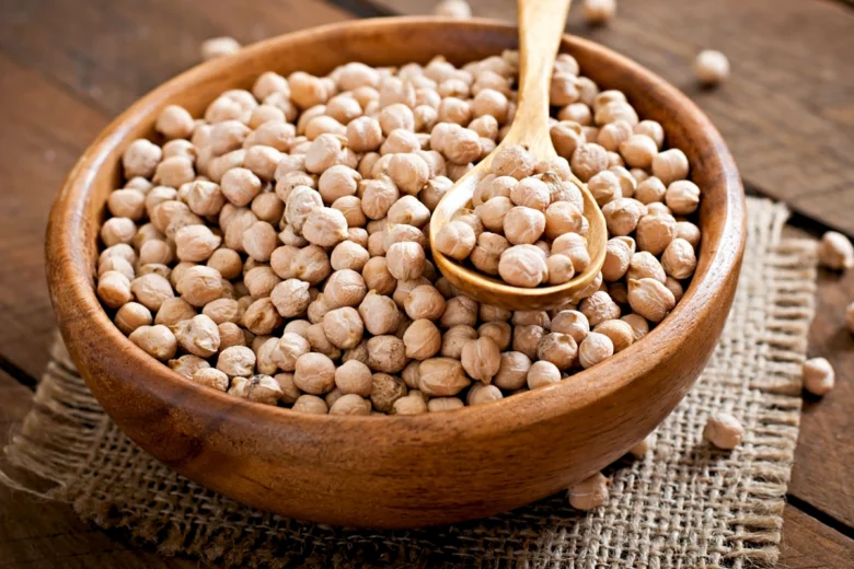 Chickpeas in wooden bowl