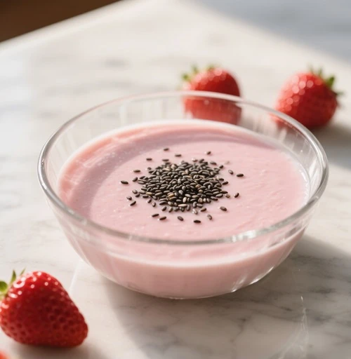 Mísa s jahodovým smoothiem ozdobená semínky.