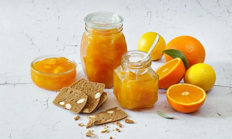 Sklenice s pomerančovou marmeládou vedle čerstvých citrusů.