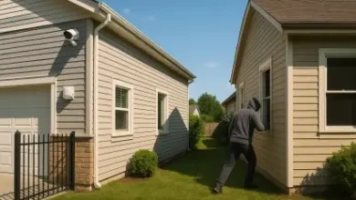 Zloděj se snaží vniknout do domu, zatímco na sousedním domě je bezpečnostní kamera.