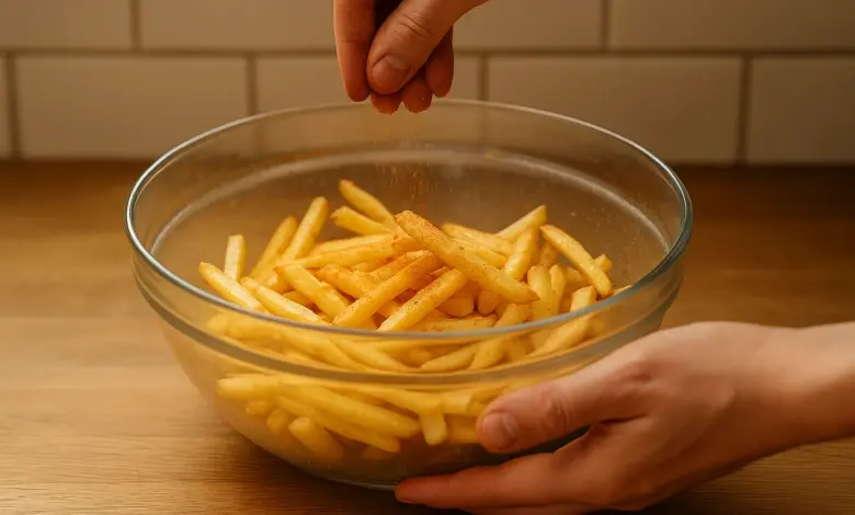 Ruce posypávají hranolky solí v skleněné mísce.