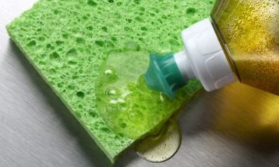 Dish soap and sponge on shirt collar